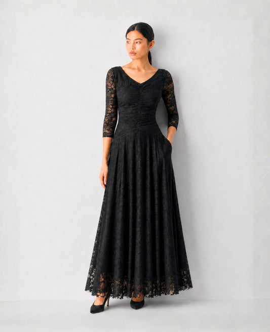 long-sleeve black concert dress with pockets in lace for  musicians in choir, band, and orchestra.