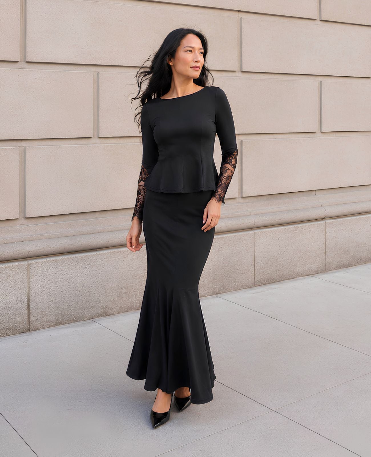 formal black two piece top and skirt set
