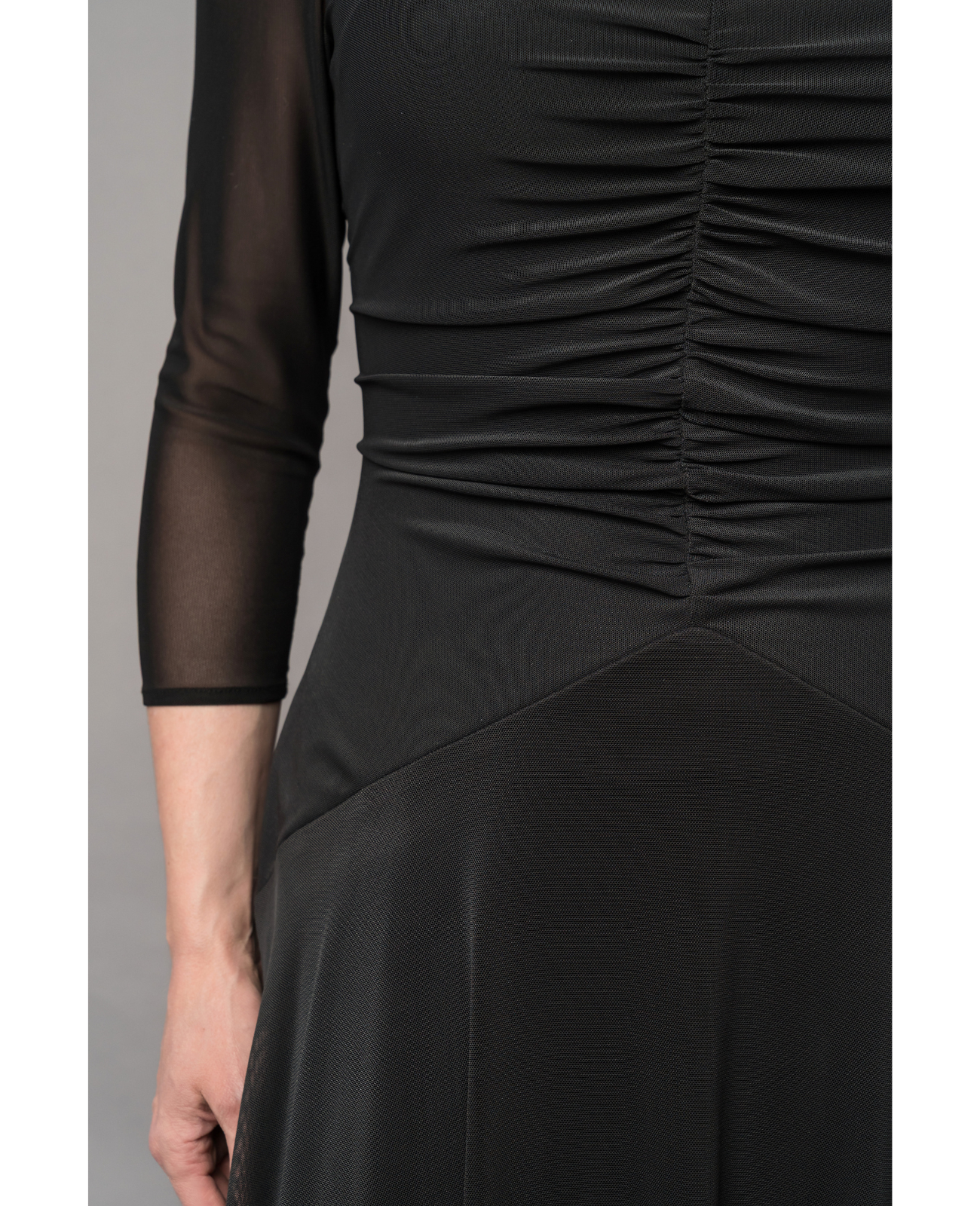 stretchy formal concert black dress with sheer sleeves