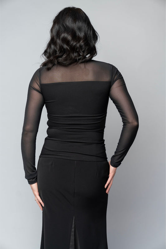 Asymmetrical black long sleeve blouse with sheer sleeves for choir, concert band and orchestra musicians.