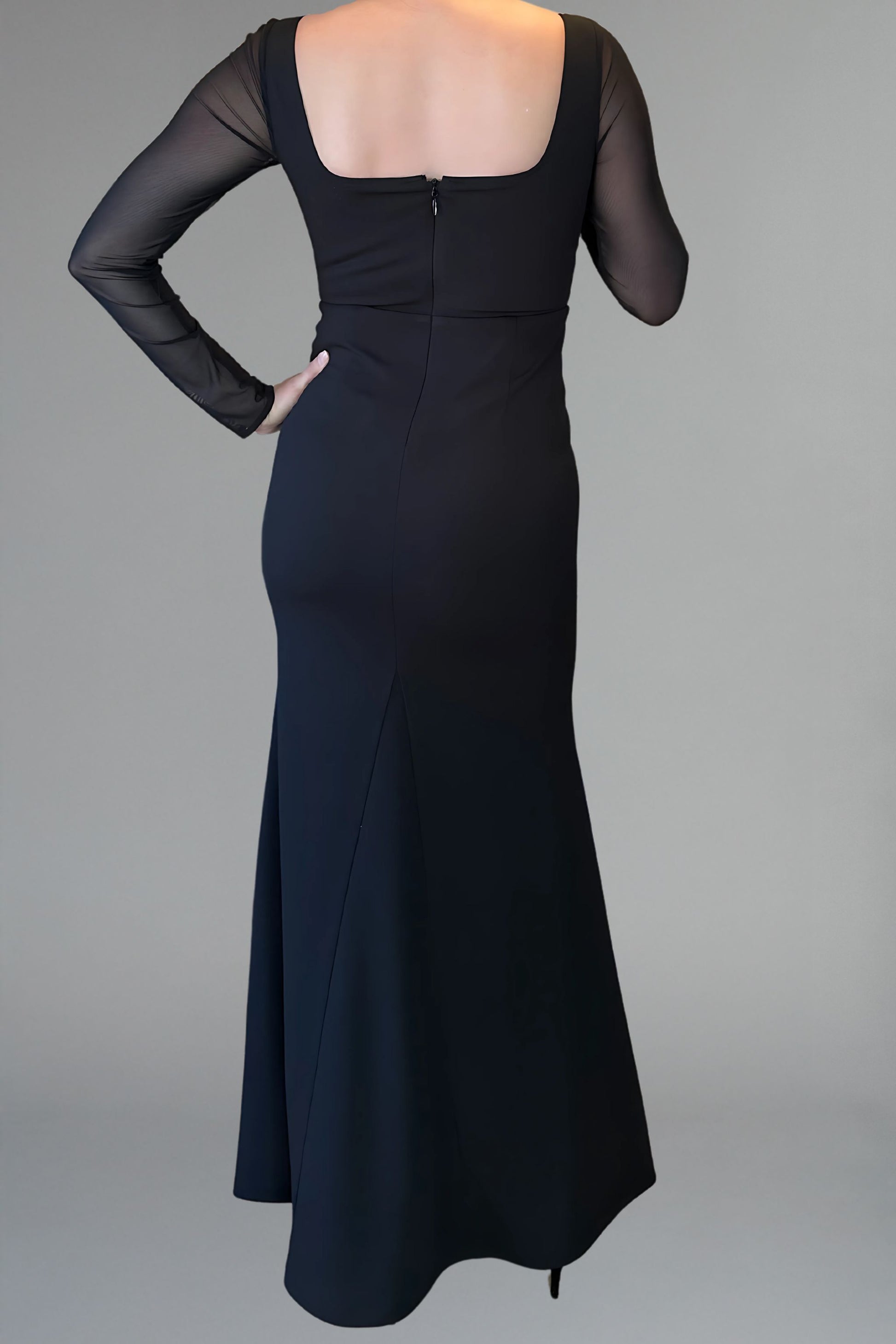 Formal black dress with sheer sleeves