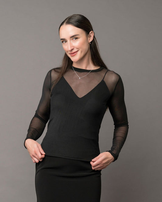 long sleeve crew neck sheer mesh top for layering