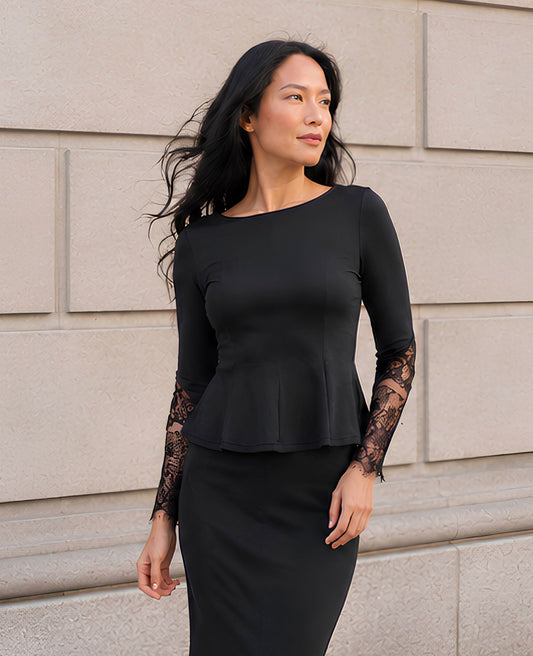 long sleeve peplum top in black