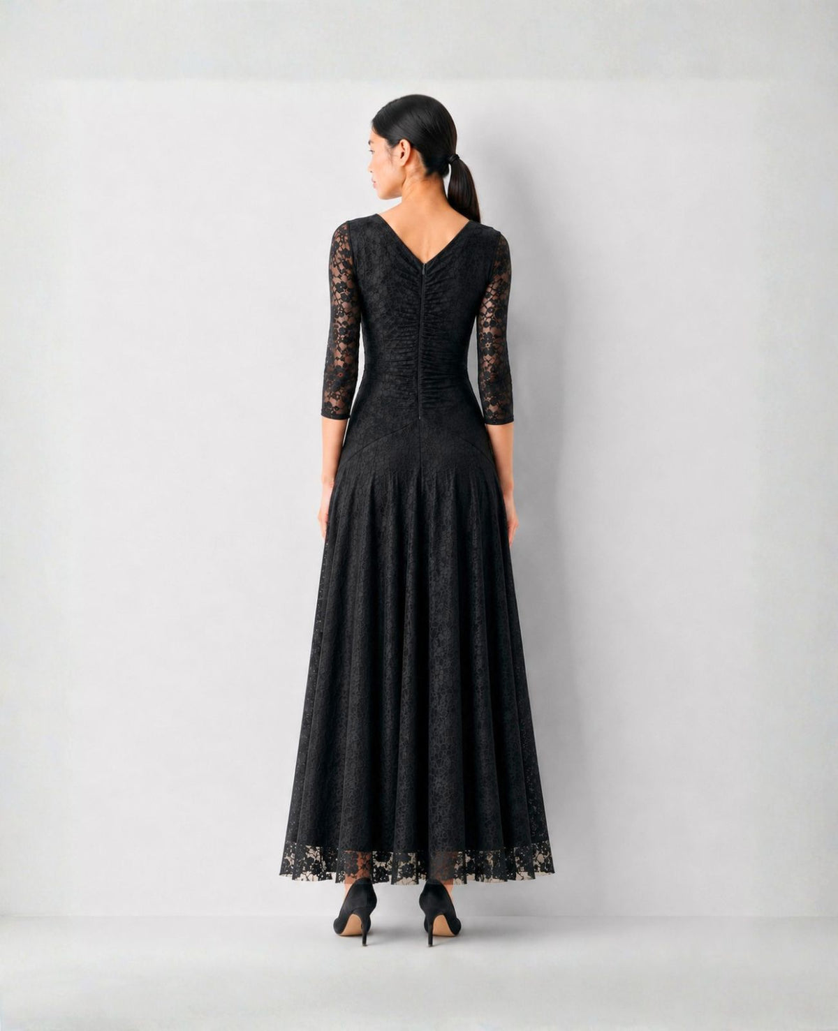 long-sleeve black concert dress with pockets in lace for  musicians in choir, band, and orchestra.