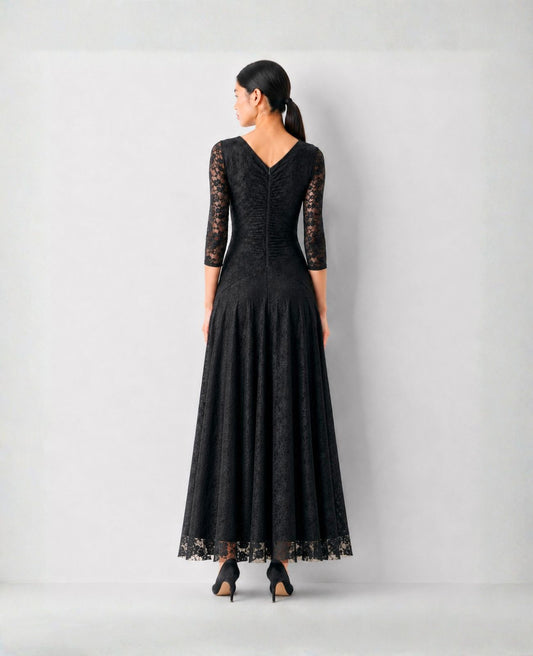 long-sleeve black concert dress with pockets in lace for  musicians in choir, band, and orchestra.