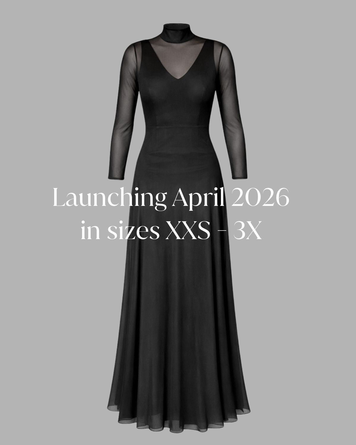 Long-sleeved black concert dress overlay for musicians made from sheer stretch mesh with mock neckline.