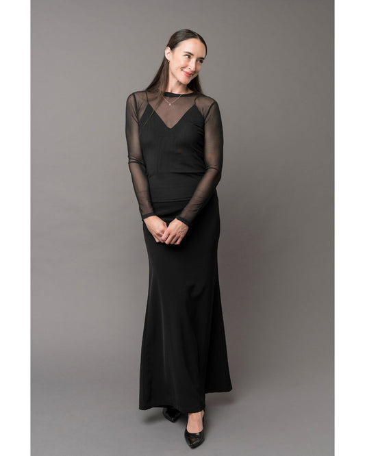 long sleeve black dress with sheer sleeves