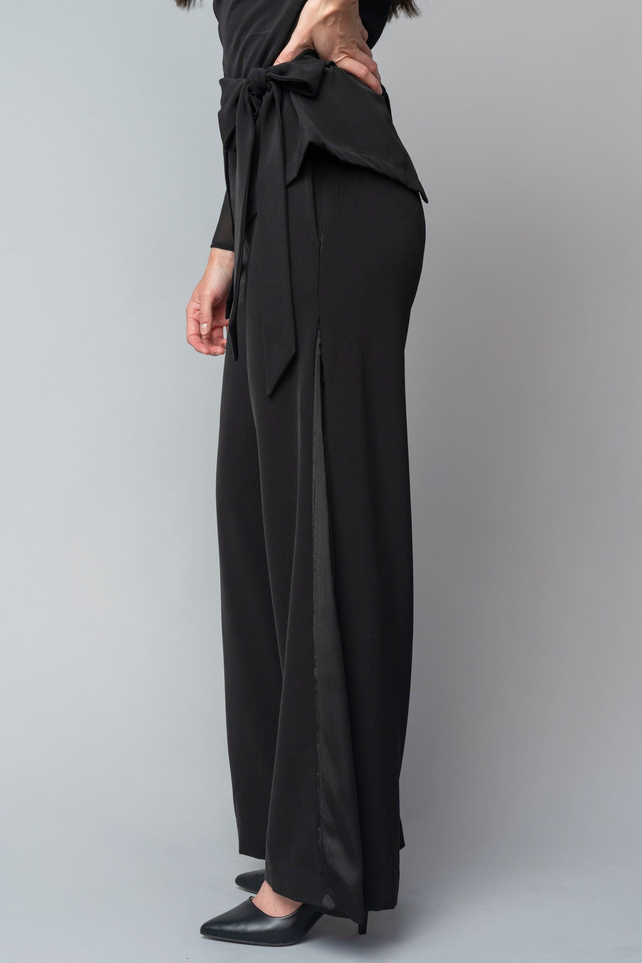 formal black tuxedo style pants for women with a wide leg