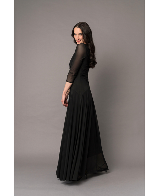 formal concert black dress with sheer sleeves