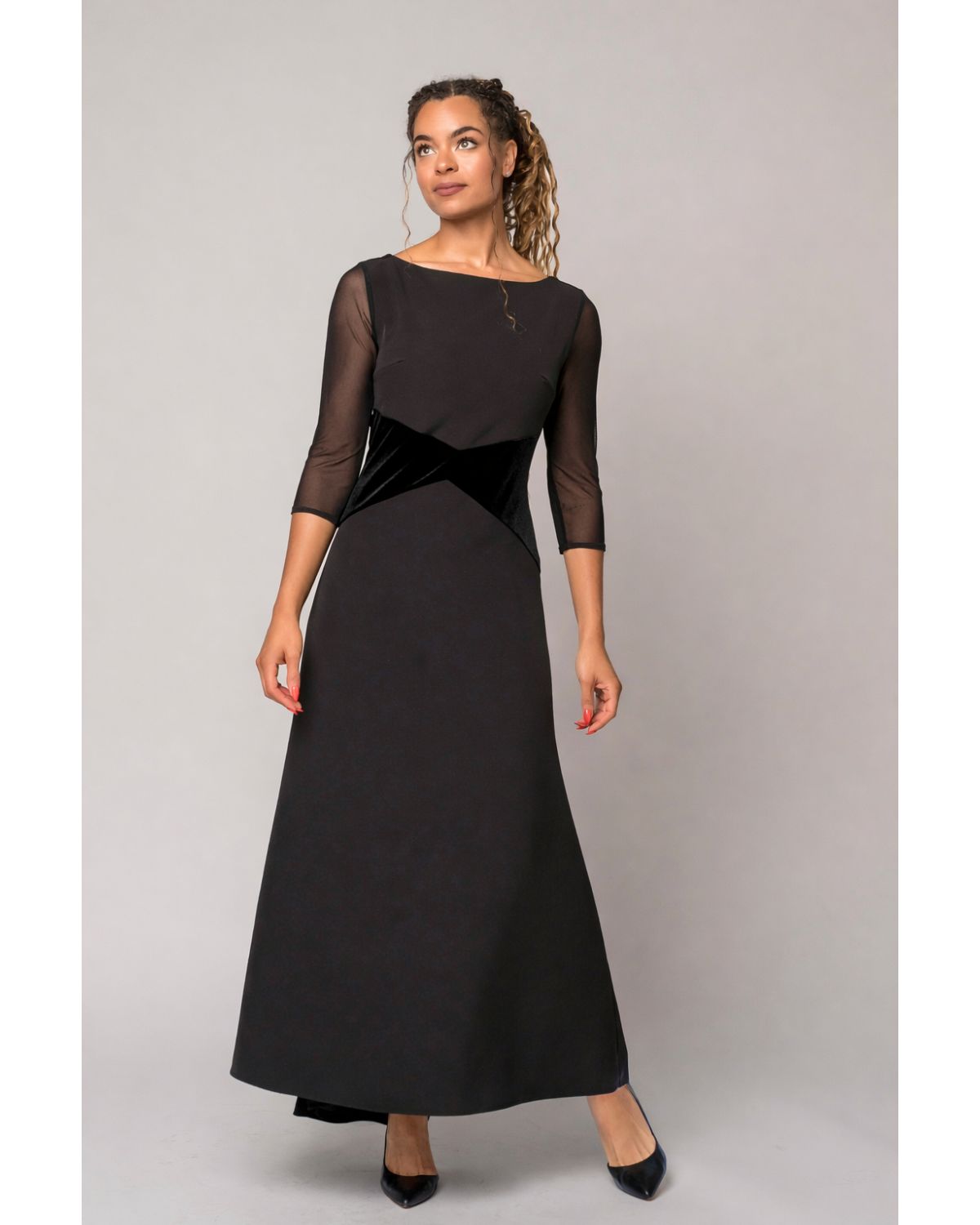 concert black dress with sheer sleeves and stretch fabric