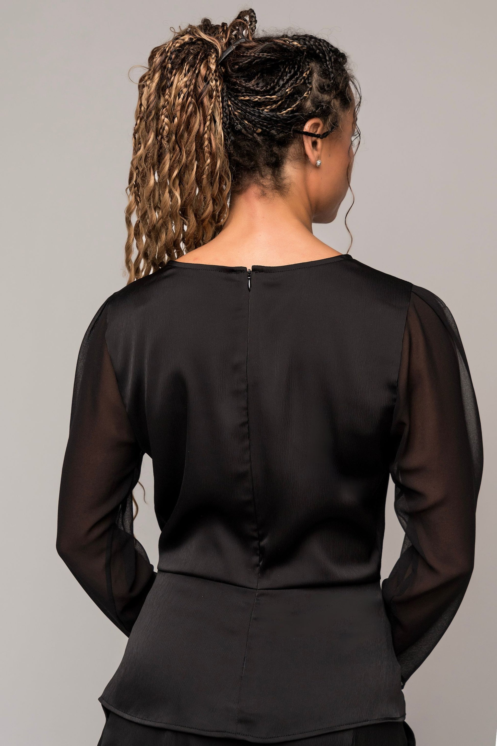  long sleeve concert black blouse sheer sleeves dressy