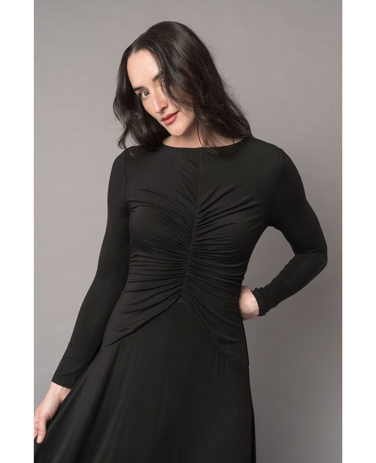 High Stretch Concert Black Dress with Ruching