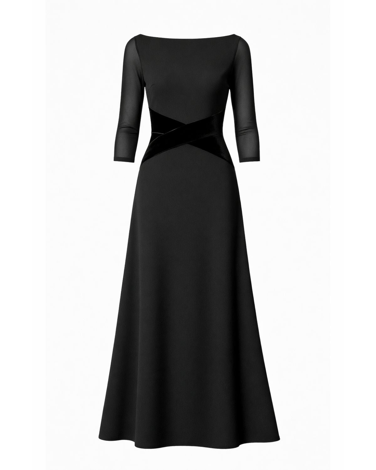 concert black dress with sheer sleeves and stretch fabric