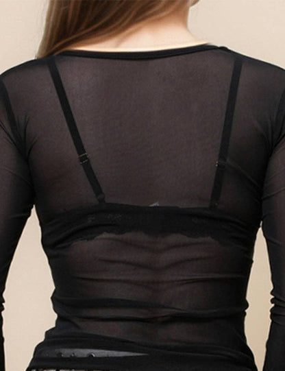 long sleeve sheer mesh top in black