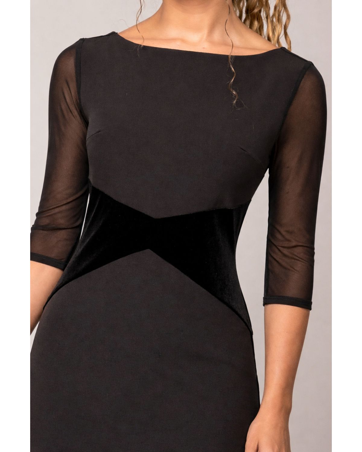 concert black dress with sheer sleeves and stretch fabric