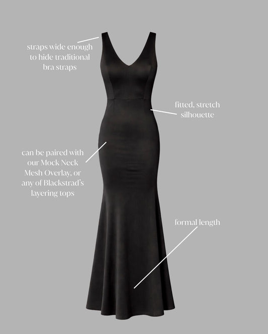 Better-Than-A-Slip black concert dress for musicians featuring a bra-friendly fit, V-back airflow, and smooth opaque fabric.