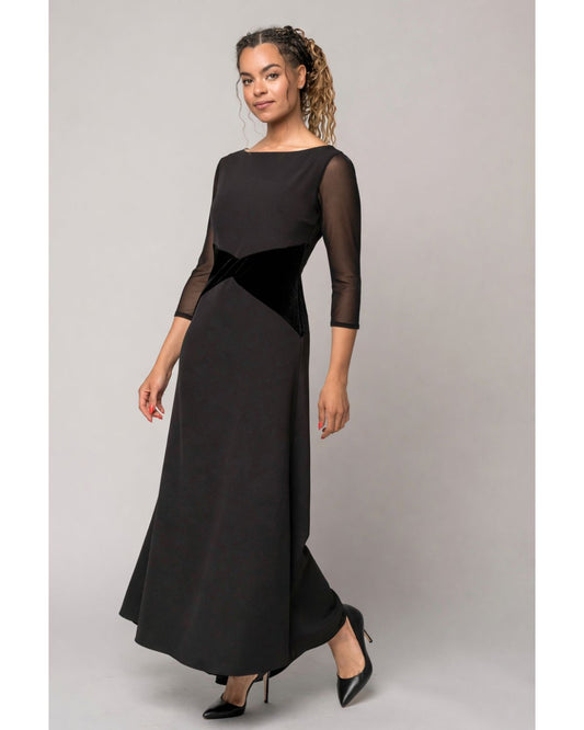 concert black dress with sheer sleeves and stretch fabric