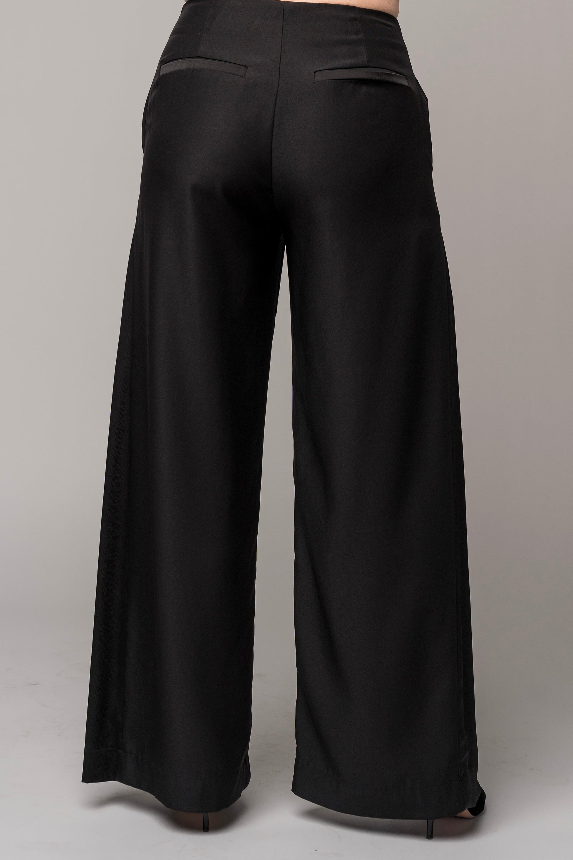 formal black pants, minimalist formal black pants, formal black pant set, black dress pants, concert black, concert attire, dressy black trousers wide leg black trousers, wide leg black pants, women's tux pants, breathable pants, black pants with pockets, pants with satin side stripe
