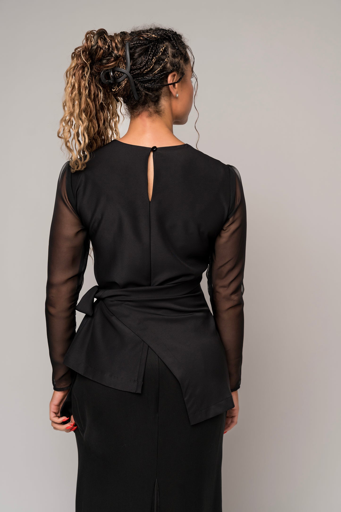 black satin blouse, women's black long-sleeved dress shirt, lyocell fabric, sheer sleeves, black blouse, formal black top, concert black, concert attire