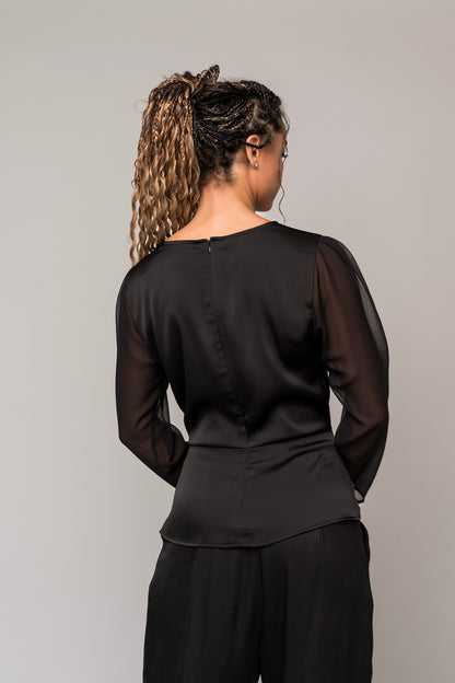 black satin blouse, women's black long-sleeved dress shirt, recycled fabric, sheer sleeves, black blouse, formal black top, concert black, concert attire