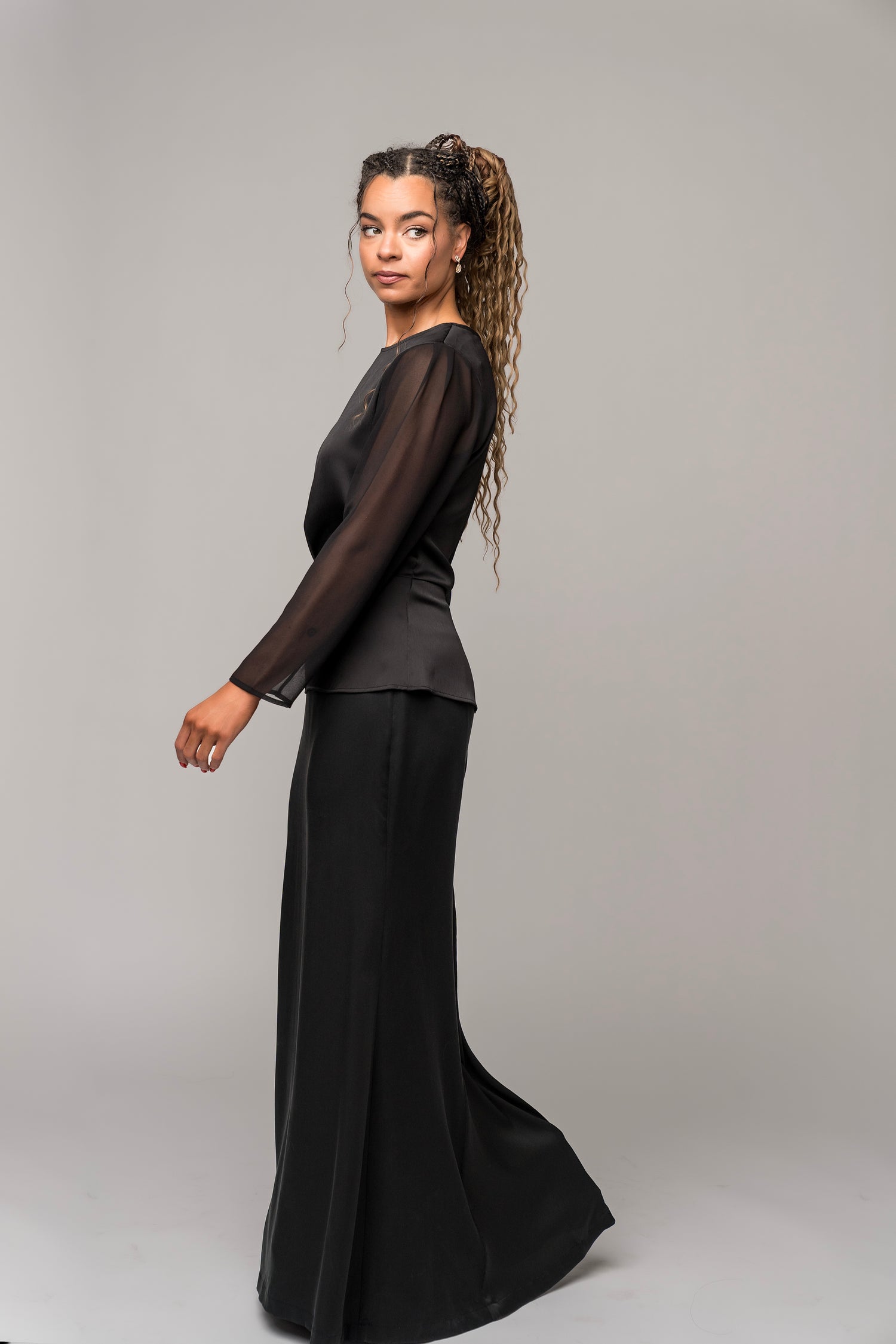  long sleeve concert black blouse sheer sleeves with formal black maxi skirt