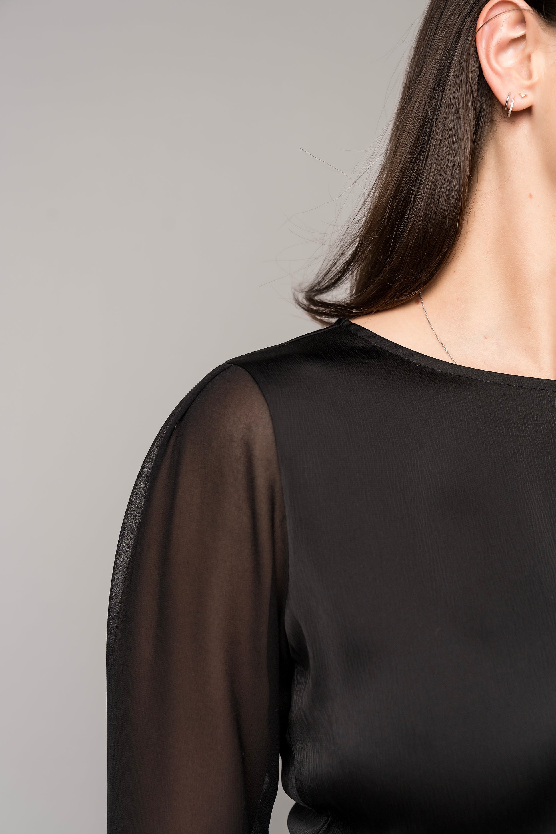 black satin blouse, women's black long-sleeved dress shirt, recycled fabric, sheer sleeves, black blouse, formal black top, concert black, concert attire