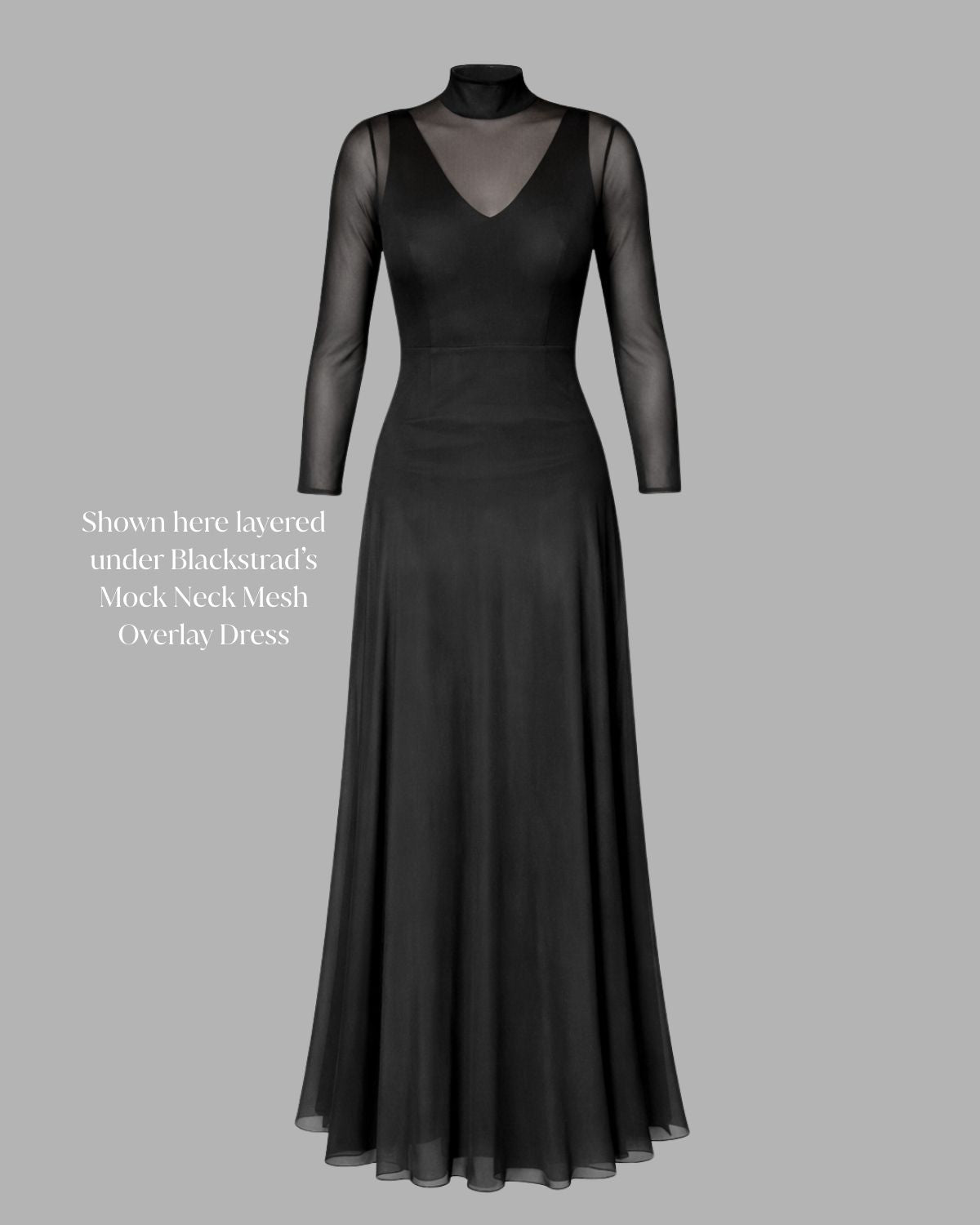 long sleeve concert black dress with sheer sleeves, formal length