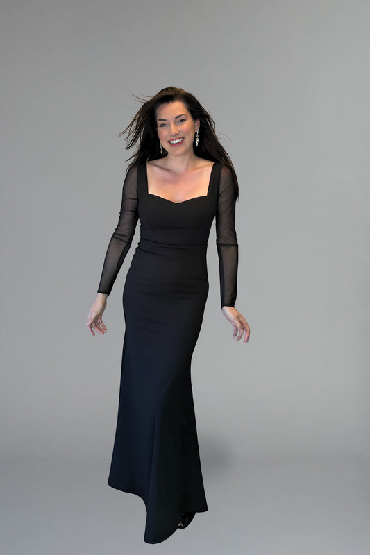 Formal black dress with sheer sleeves and sweetheart neckline