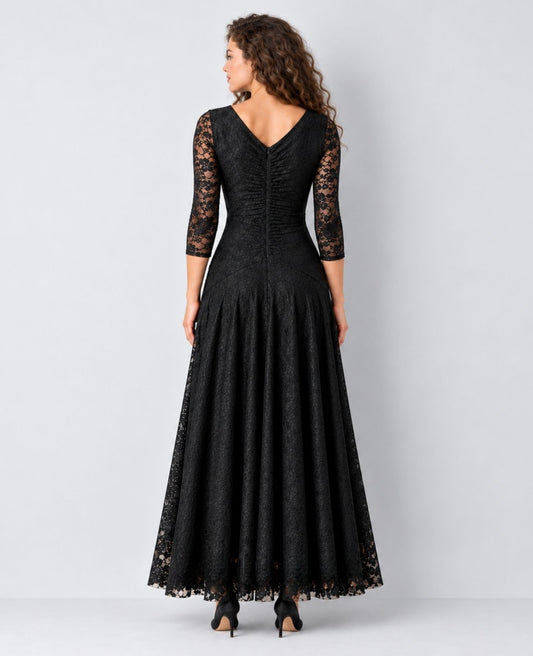 long-sleeve black concert dress with pockets in lace for musicians in choir, band, and orchestra.