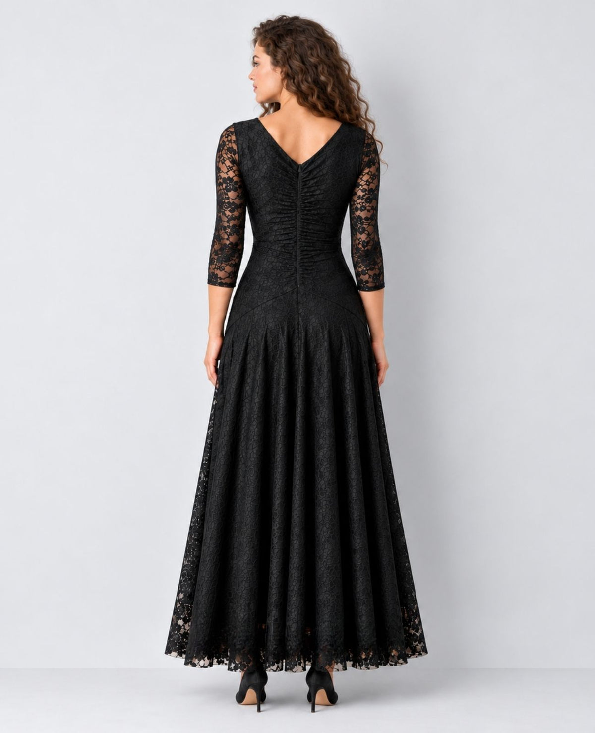 long-sleeve black concert dress with pockets in lace for  musicians in choir, band, and orchestra.