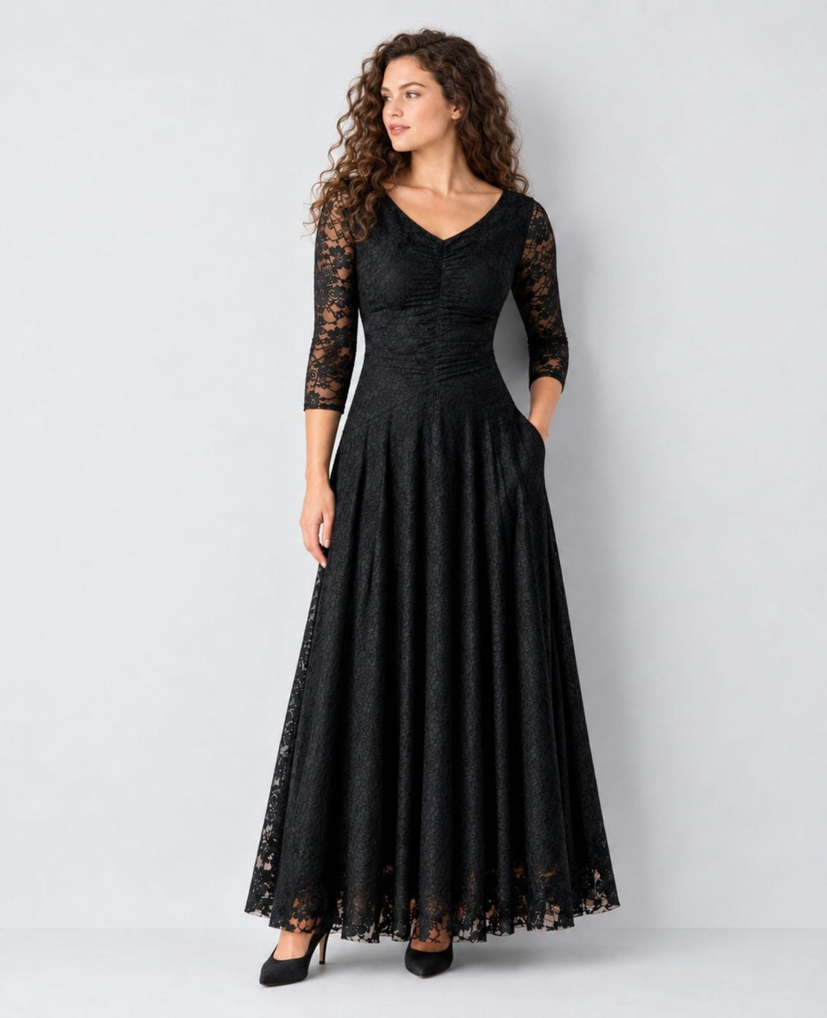 long-sleeve black concert dress with pockets in lace for  musicians in choir, band, and orchestra.