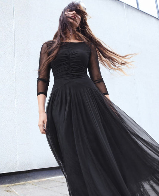 concert black dress with pockets sheer sleeves in mesh