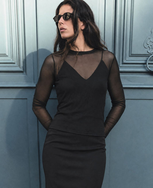 long sleeve black sheer mesh top for musicians