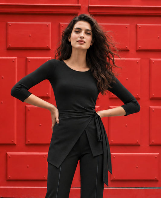 long sleeve black blouse wrap style top for musicians