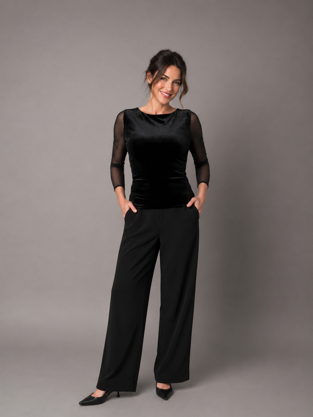 long sleeve black blouse in velvet with v-back