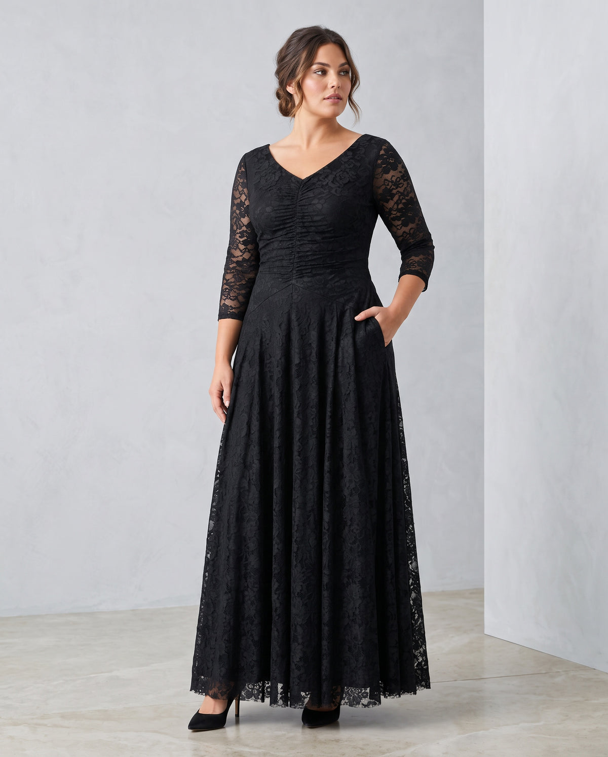 long-sleeve black concert dress with pockets in lace for  musicians in choir, band, and orchestra.