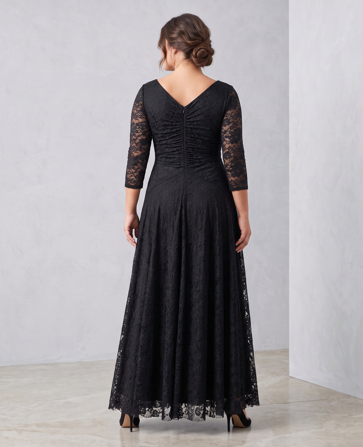 long-sleeve black concert dress with pockets in lace for  musicians in choir, band, and orchestra.