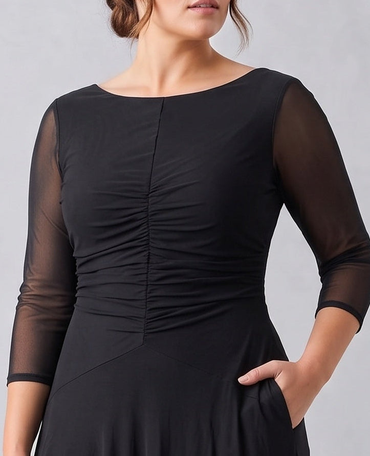 ruched mesh long sleeve evening gorn