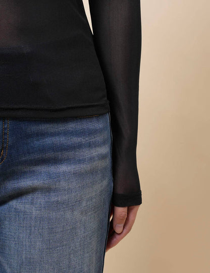 long sleeve sheer mesh top in black